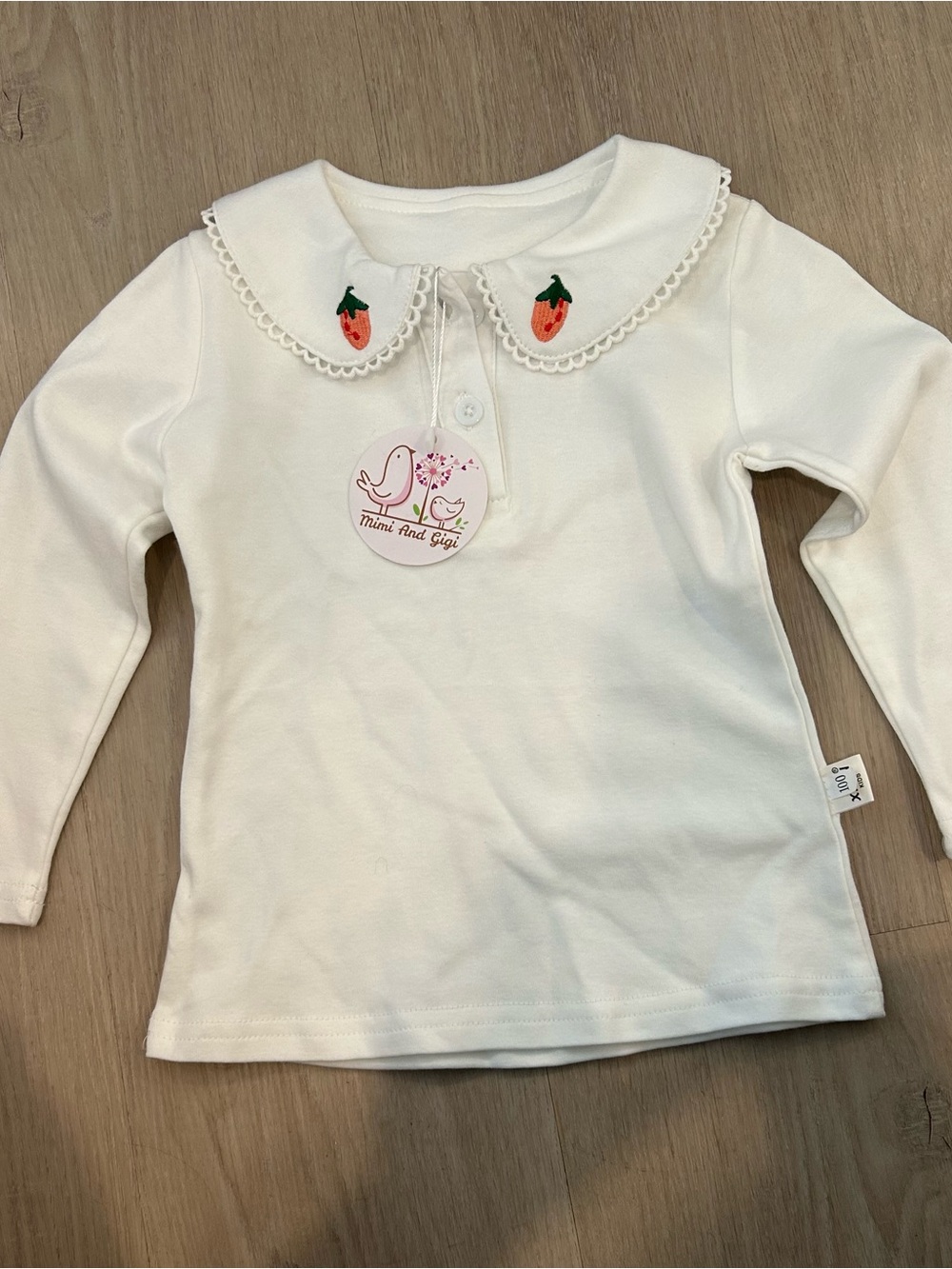White Long-Sleeve Peter Pan Collar Top with Strawberry Embroidery